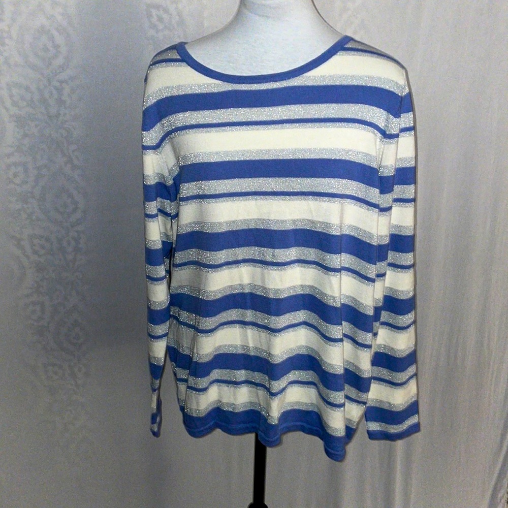 Weekends by Chicos 3 (16) Lightweight Long sleeve Sweater Blue White Silver NWT